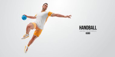 Beyaz arka planda bir hentbolcunun gerçekçi silüeti. Hentbolcu adam topu atar. Vektör illüstrasyonu