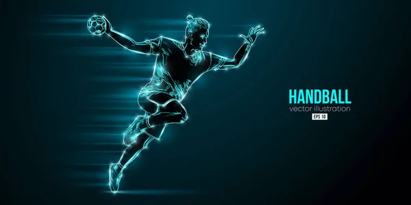 Mavi arka planda bir hentbolcunun soyut silüeti. Hentbolcu adam topu atar. Vektör illüstrasyonu