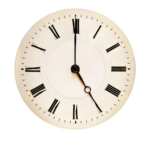 Relógio Antigo Apontando Cinco Horas Isolado Contra Fundo Branco Conceito Imagens Royalty-Free