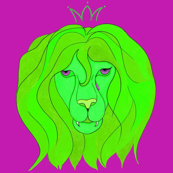 绿狮子 有很大的鬃毛 紫色背景上有一滴眼泪 — 图库照片