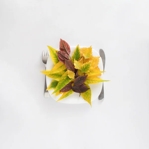 Kleurrijke Herfstbladeren Een Bord Met Vork Mes Dankzegging Concept Feestelijk Rechtenvrije Stockafbeeldingen