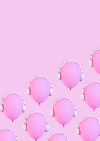 Balloon Pattern Pink Headphones Pink Background Balloon Head Listening Concept — стоковое фото