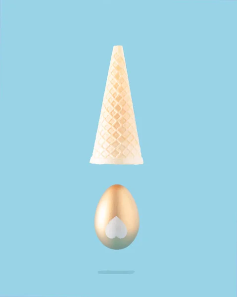 Egg Gold Dropped Out Ice Cream Cone Flying Easter Aesthetic — Stock Photo, Image