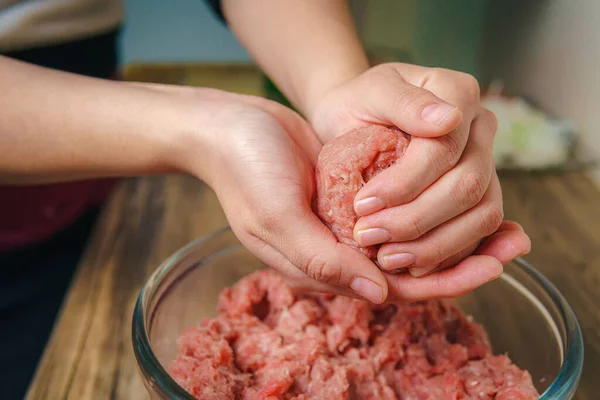 Close Woman Hands Preparing Ground Beef Make Hamburgers Meat Still — Zdjęcie stockowe
