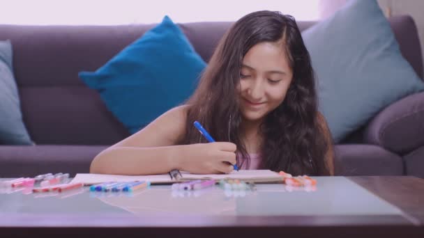 Hispanic Girl Drawing Doing Homework Home Watching Web Class Listening — Stock videók