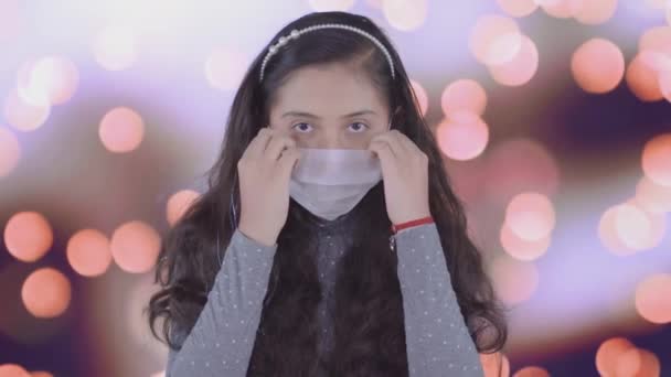 Happy Hispanic Girl She Removes Her Protective Mask Looks Camera — Stok Video