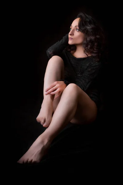 Beautiful Latina Woman Lingerie She Posing Sitting Floor Black Background — Fotografia de Stock
