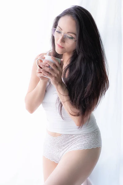Beautiful Woman White Underwear Very Comfortable Window Her Room Lot — Photo