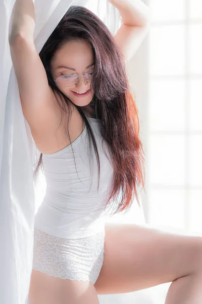 Beautiful Woman White Underwear Very Comfortable Window Her Room Lot — Stock Photo, Image