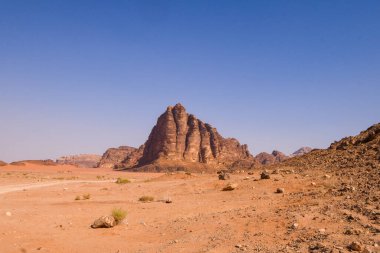 Wadi Rum Desert landscape in Jordan. Dunes and mountains. Travel and tourism concept.