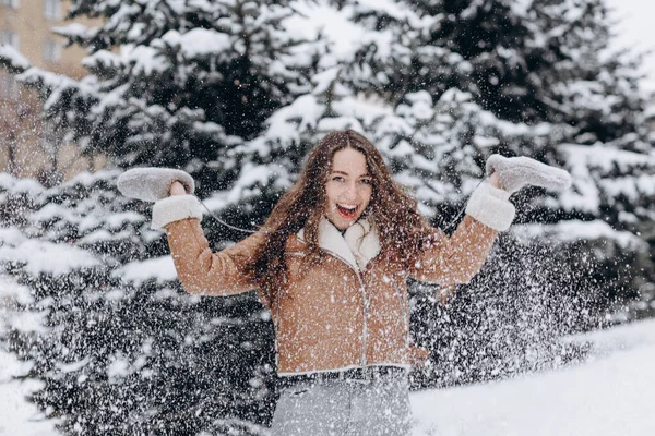 Kışın Gülen Karla Oynayan Mutlu Bir Dişinin Fotoğrafı — Stok fotoğraf