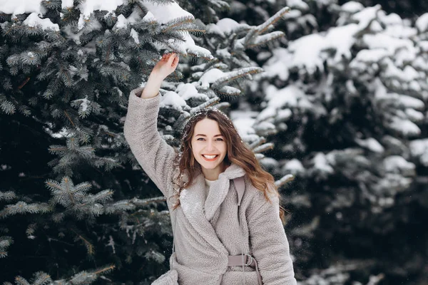 Портрет Счастливой Девушки Смотрящей Камеру Смеющейся Зимнем Парке Сером Пальто — стоковое фото