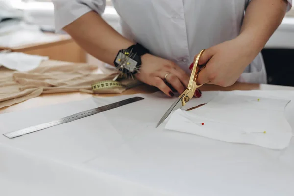 Person Taking Measurements Cutting Something Scissors Ruler Her Also Lot — Stock Photo, Image