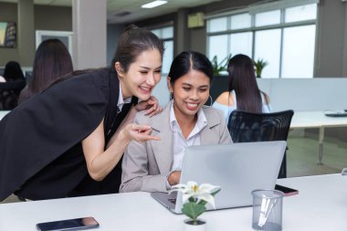 İki Asyalı iş arkadaşı ofiste dizüstü bilgisayar kullanıyor..