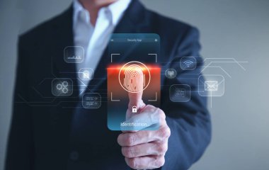 Businessman hand fingerprint scanning screen to access personal user online.
