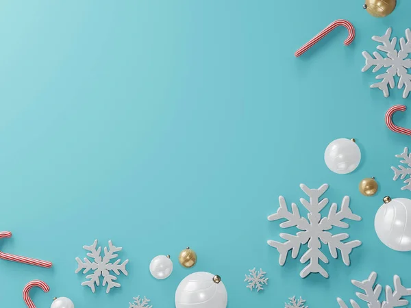 White Balls Snowflakes Pastel Blue Background Top View Christmas Concept — Photo