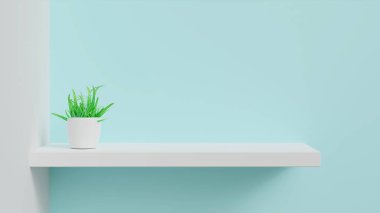 Boş beyaz mağaza rafı, mavi gökyüzü klasik arka planında esrar bitkisi olan perakende raf.