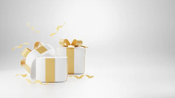 3D illustration, Gold gift boxes open and closed isolated on a light background. 3d render modern holiday surprise box.