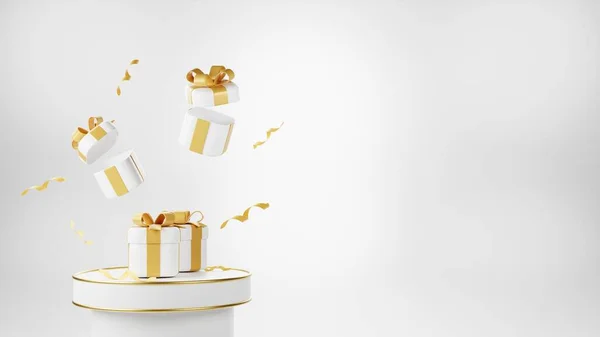 Різдвяна Подібна Сцена Літаючою Білою Коробкою Подарунків Золотим Луком Веселого — стокове фото
