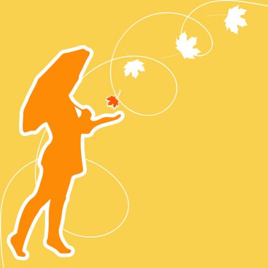 Şemsiyeli metin çerçeveli bir kız. Arka plan yağmurlu. Sonbahar yaprağı, akçaağaç yaprağı, sarı turuncu kadın yağmurluğu.