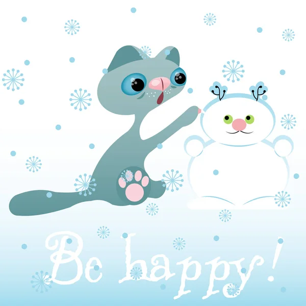 Szary Kot Bałwan Zima Śnieg Snowflacke Naklejki Niespodzianka Uśmiech Emocje — Wektor stockowy