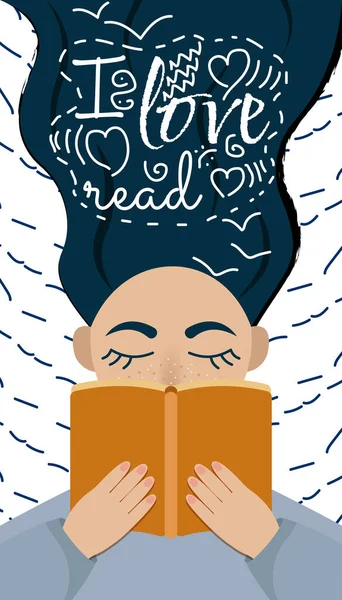 Girl Reads Book Books Reading Hair Sign Text Love Read — Stockový vektor