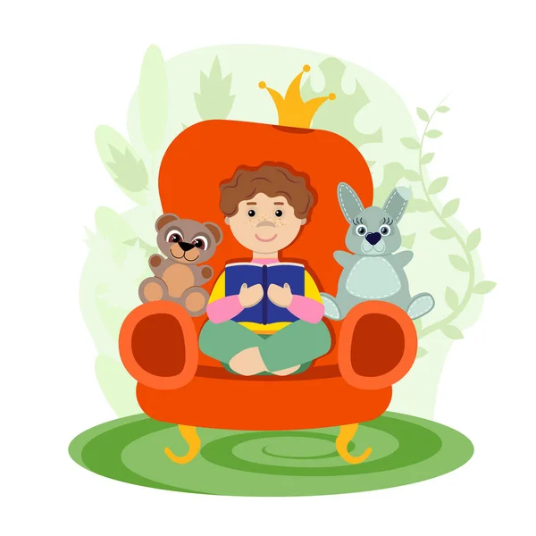Boy Read Book Toys Armchair Kid Reading Books Child Children — Archivo Imágenes Vectoriales
