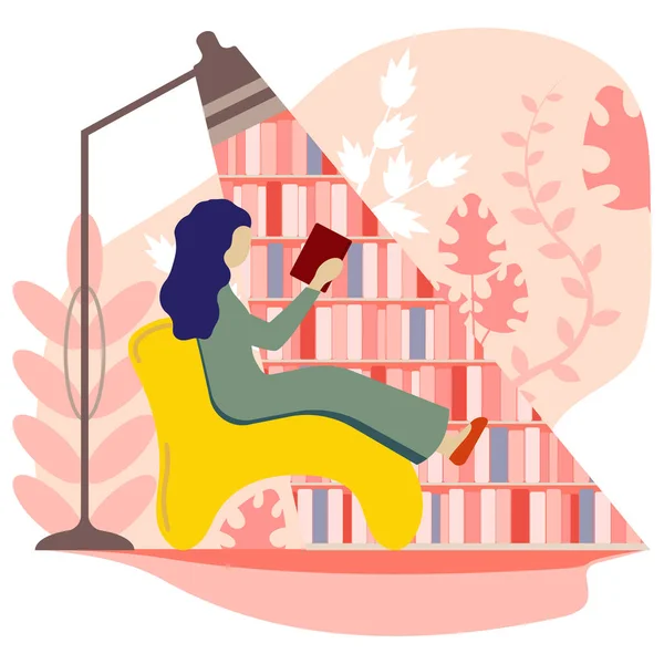 Woman Book Reading Girl Read Books Home Library People Armchair — Archivo Imágenes Vectoriales