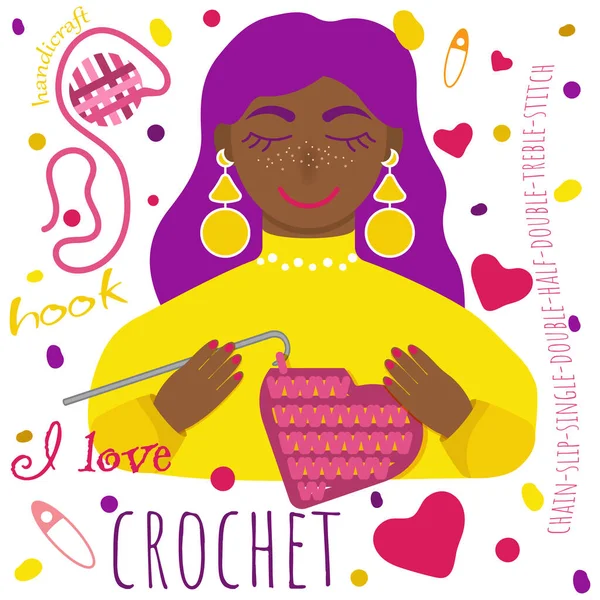 Aime Crochet Signe Fille Tricot Main Jaune Sourire Crochet Bandes — Image vectorielle