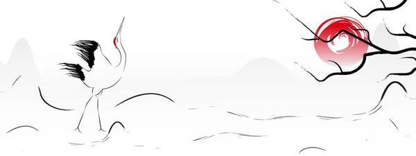 鹤鸟太阳简约主义黑色白色红底横幅 — 图库矢量图片