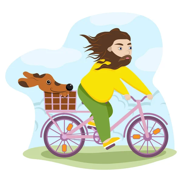 Man Dog Bicycle Happy Fun Funny Ride Pet Pets — Stock Vector