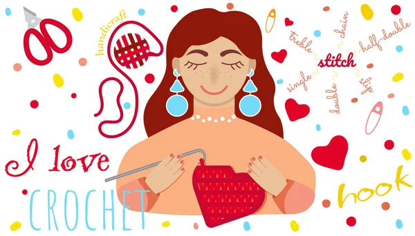 Aime Crochet Signe Fille Tricot Main Rouge Bleu Sourire Crochet — Image vectorielle