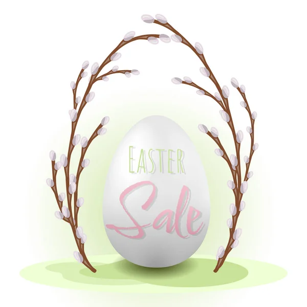 Easter Sale Egg Willow Sign Text Lettering Green Background Holiday — Stock Vector