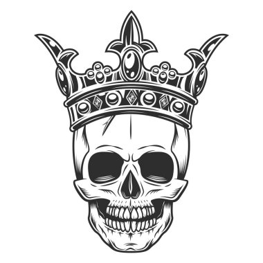 Beyaz arka planda izole edilmiş, taç kralının tek renkli resimli kafatası. Klasik taç, zarif kraliçe ya da kral tacı, kraliyet taç giyme sembolleri..