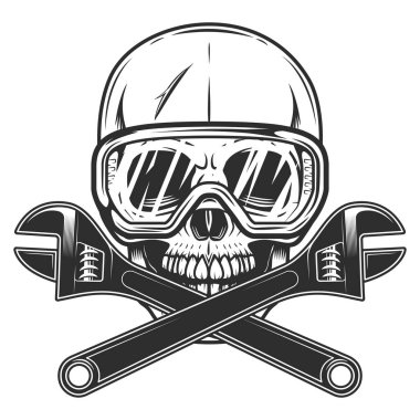 Monokrom illüstrasyon tarzı vektör ikonunda ingiliz anahtarı araçları olan bir kafatası ve güvenlik gözlüğü. Beyaz arkaplanda izole edilmiş anahtar tesisat anahtarı aracı.