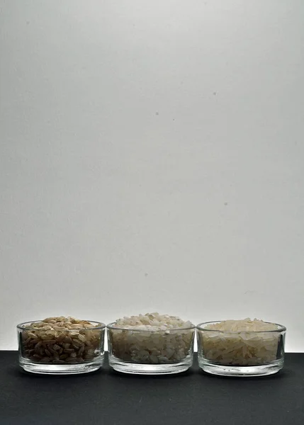 Three Types Rice White Background Space Text Image — Stock Photo, Image