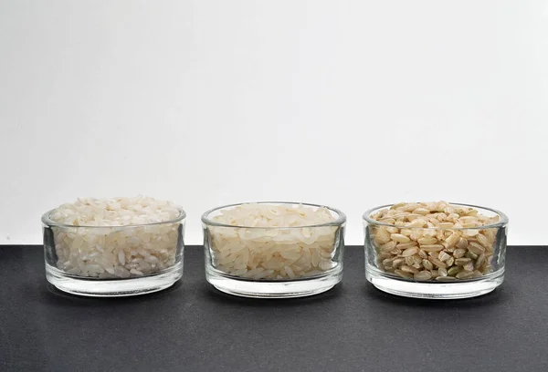 Three Types Rice White Background Space Text Image — Stock Photo, Image