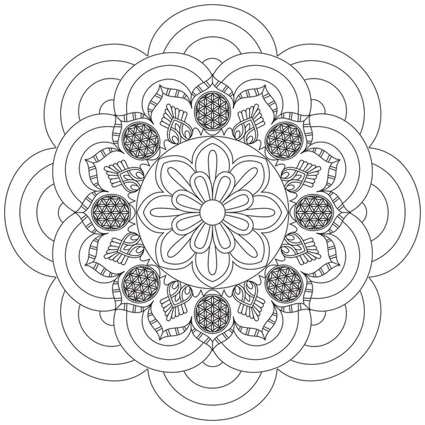 マンダラベクトルの葉の花のぬりえアートシンプルなグラフィック花のオリエンタルアウトラインヴィンテージ装飾要素イラストイスラムアラビア語インドトルコの神秘的な宗教道徳ロータス練習ペイントプリント画面ファブリックパターンテキスタイルシンボル円形のバラ — ストックベクタ