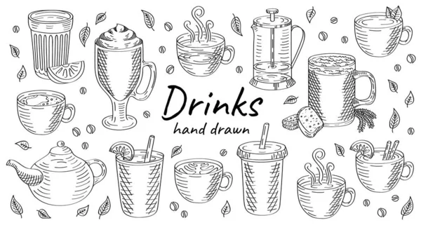 Vector Dibujado Mano Conjunto Doodle Café Jugo Kvass Bebidas Ilustración — Vector de stock