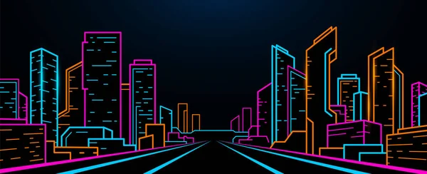 Gece çizgisi neon şehri, sentetik dalgalar halinde..