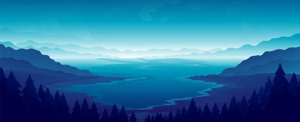 Hermosa Ilustración Horizontal Nocturna Bahía Mar Entre Altas Montañas — Vector de stock