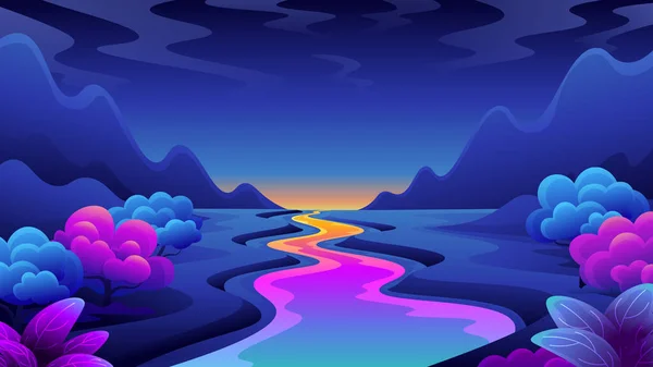 Horizontal night fantasy landscape with colorful trees, river on sunrise background.