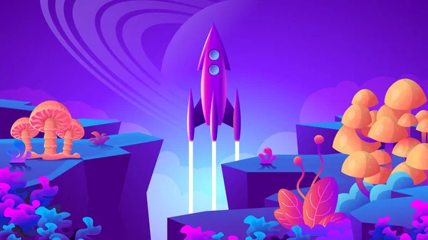 Kleurrijke Raket Stijgt Van Buitenaardse Planeet Landschap Van Ongewone Fantasieplanten — Stockvector