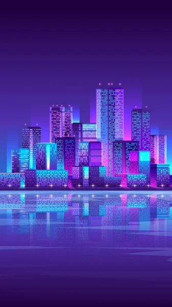 Gece neon şehir manzarası. Metropolis 'in arka planında nehir manzarası. Pankart ve sosyal medya için dikey illüstrasyon.