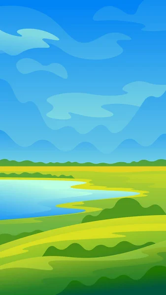 Bright Colorful Landscape Lake Meadows Sunny Day — Stock Vector