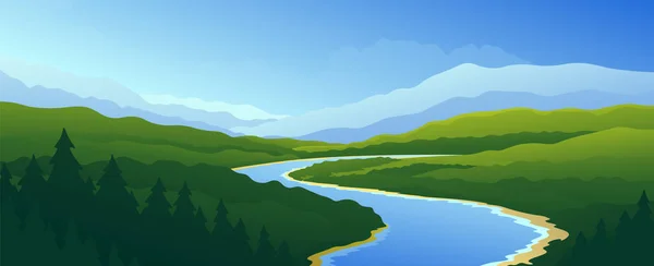 Güzel yeşil bahar manzarası. Çimenli tepelerin ve dağların arasından akan nehir.