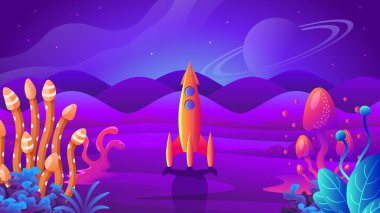 Roket yabancı gezegenden havalanıyor. Renkli fantezi mantar ve bitkilerin manzarası.