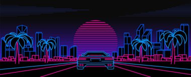 Gece şehri eski dalgalarla, sentetik, 1980 'ler tarzı. Süper arabalı neon arkaplan.