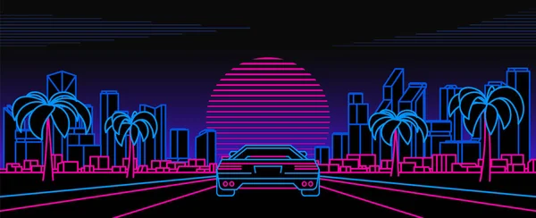 Gece şehri eski dalgalarla, sentetik, 1980 'ler tarzı. Süper arabalı neon arkaplan.