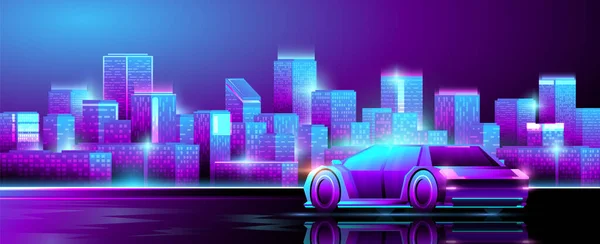 Araba Binaların Arkasında Duruyor Neon Şehrinin Yatay Çizimi — Stok Vektör